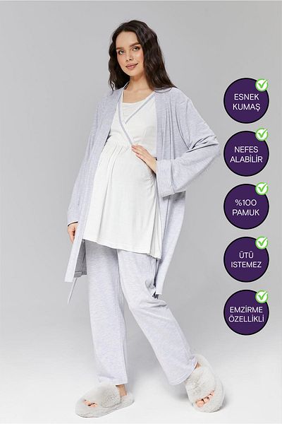 don point Hidden Breastfeeding Special Double Breasted Gray and White Maternity Pajamas Set with Dressing Gown - 503