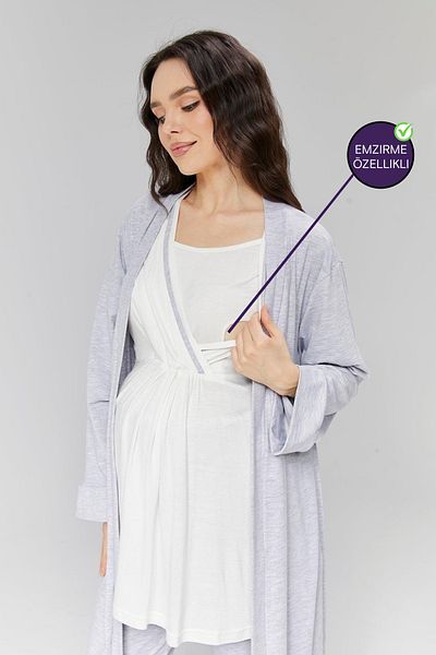 don point Hidden Breastfeeding Special Double Breasted Gray and White Maternity Pajamas Set with Dressing Gown - 503