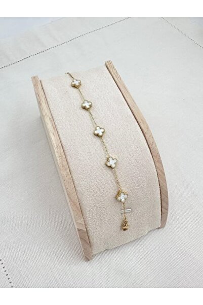 İlayda İllys Gold Cleef Model Beyaz Mini Çelik Yonca Bileklik