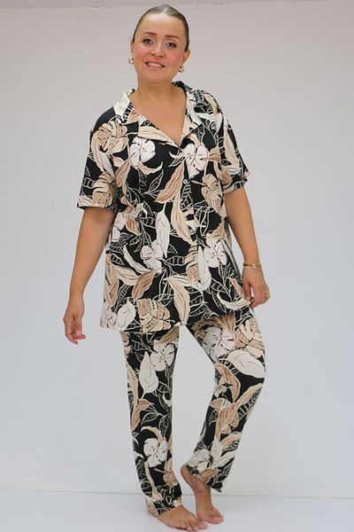 Eslina 37801 Viscose Pajama Set - Plus Size, Black-beige with Buttons and Leaves