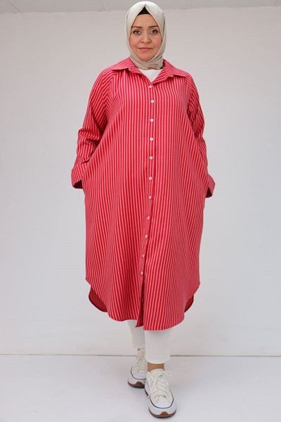 Eslina 48069 Plus Size Red Striped Shirt - Button Detail