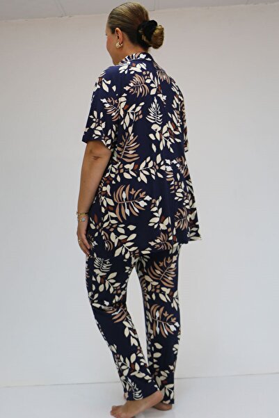 Eslina 37801 Σετ πιτζάμες Navy Blue Viscose Plus Size - με κουμπιά και πέταλα