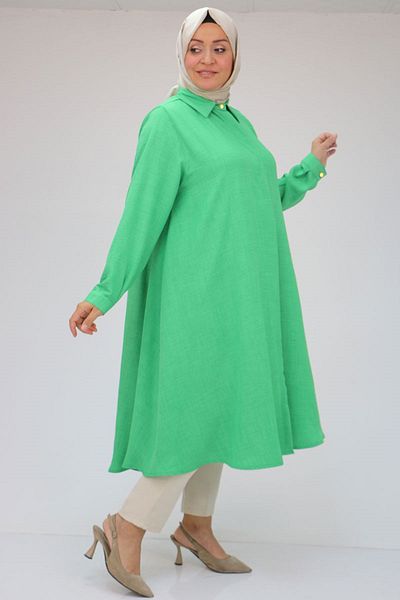 Eslina Green Large Size Linen Tunic Shirt - Airobin Mevlana Design 38038