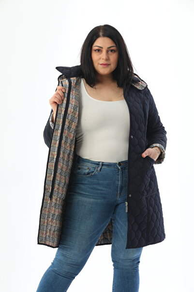 TUTveAL Collection Navy Blue Large Size Seasonal Quilted Coat - Water Repellent, Plaid