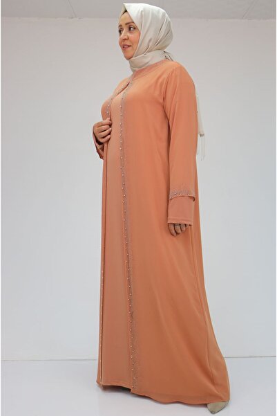 Eslina 42018 Büyük Beden Taş Baskılı Sandy-Şifon Elbise - somon