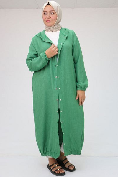 Eslina 43051 Πράσινο λινό καπάκι Plus Size - Πλάτη με λεπτομέρεια πατιλέτας