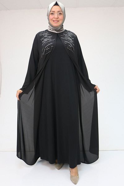 Eslina 42020 Plus Size Μαύρο Σετ σιφόν - Stone Printed Sandy