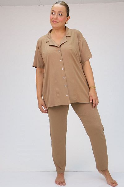 Eslina 37801 Viscose Pajama Set - Plus Size, Buttoned and Versatile, Mink