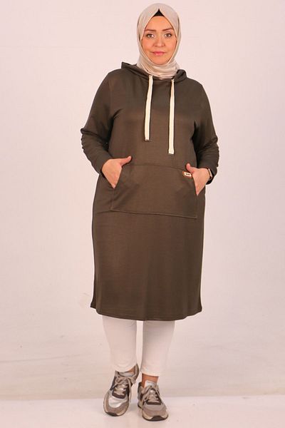 Eslina 48006 Large Size Kangaroo Pocket Crystal Two Thread Tunic-Khaki