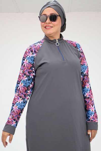 Eslina 1732 Model - Pink Gray Turtleneck Zippered Large Size Hijab Swimsuit