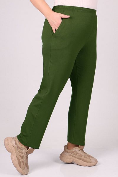 Eslina 39001 Large Size High Waist Elastic Combed Cotton Trousers - Khaki