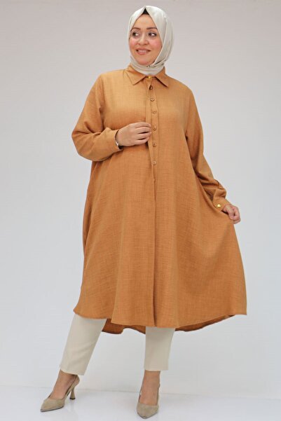 Eslina 38038 Large Size Linen Shirt Tunic - Milky Brown Mevlana
