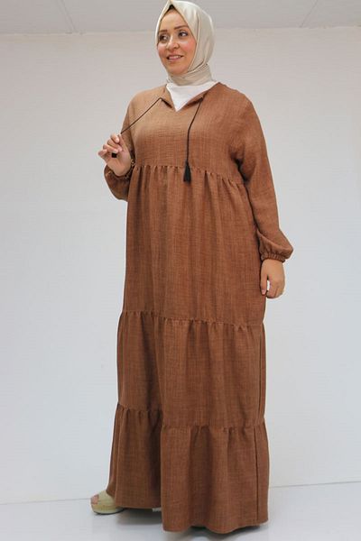 Eslina 42026 Λινό Φόρεμα Plus Size - Καφές γάλακτος με λεπτομέρεια φούντας στο γιακά