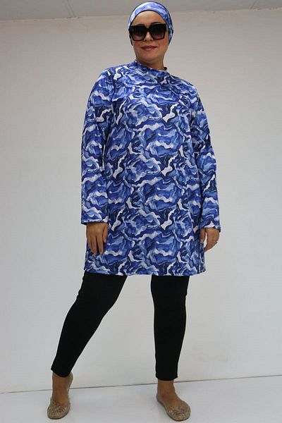 Eslina 1727 Plus Size Blue Wavy Long Sleeve Hijab Swimsuit Set
