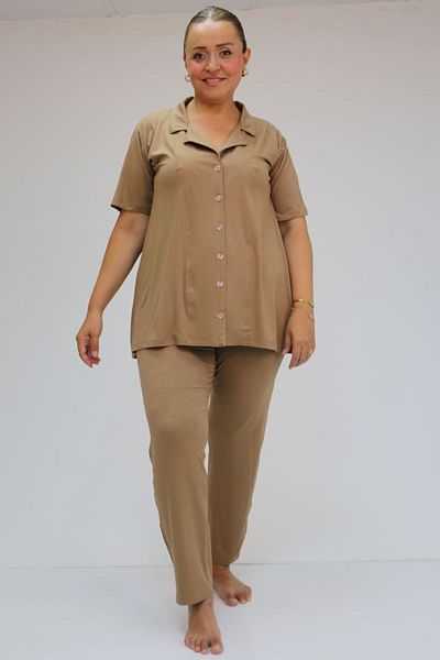 Eslina 37801 Viscose Pajama Set - Plus Size, Buttoned and Versatile, Mink