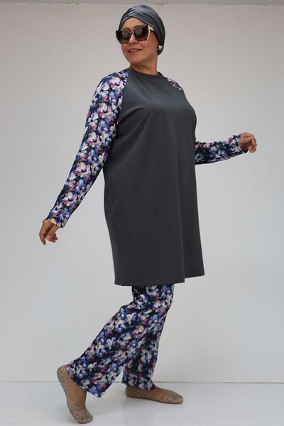 Eslina 1729 Model Rose Flower Patterned Large Size Long Sleeve Hijab Swimsuit Set