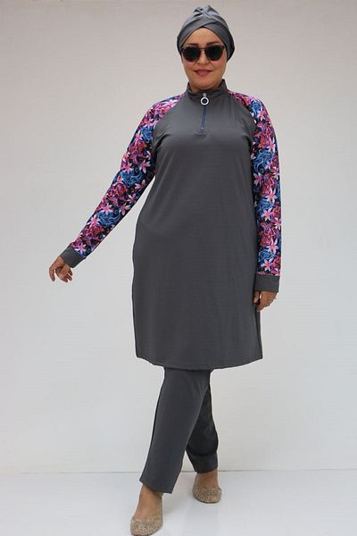 Eslina 1732 Model - Pink Gray Turtleneck Zippered Large Size Hijab Swimsuit