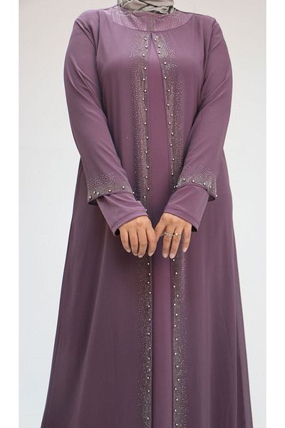 Eslina 42018 Rochie din șifon Dusty Rose Sandy cu imprimeu cu pietre mari