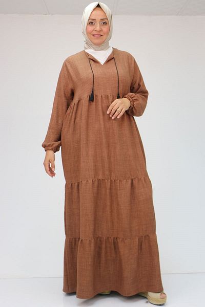 Eslina 42026 Λινό Φόρεμα Plus Size - Καφές γάλακτος με λεπτομέρεια φούντας στο γιακά
