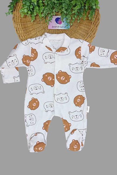 dinamik çocuk Newborn Baby Jumpsuit Trophy Fabric Bear Printed Thin Seasonal Jumpsuit with Booties 0-1-3-6 Months