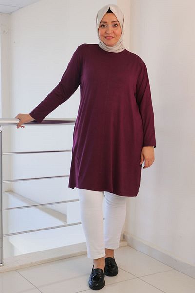 Eslina 38501 Plus Size Plum Basic Combed Cotton Tunic