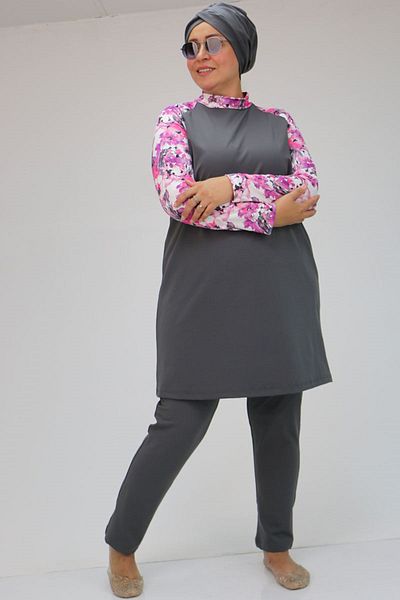 Eslina 1734 Large Size Reglan Sleeve Hijab Swimsuit - Pink/Grey