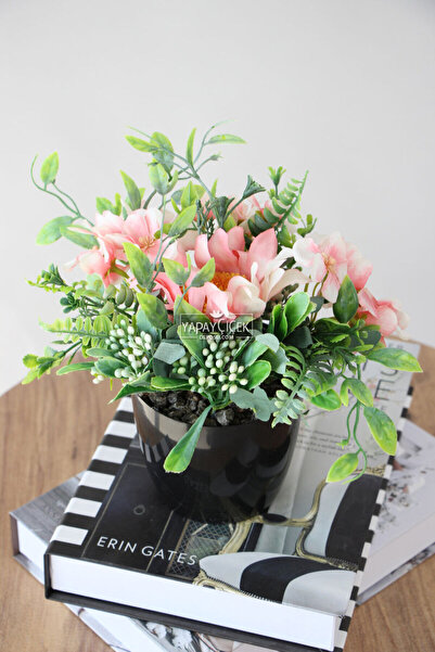 Yapay Çiçek Deposu Saksıda Ayçiçeği ve Garnitürlü Ortanca Çiçeği Tanzimi Pembe