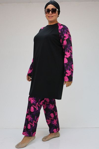 Eslina 1729 Model Fuchsia Floral Patterned Large Size Long Sleeve Hijab Swimsuit Set