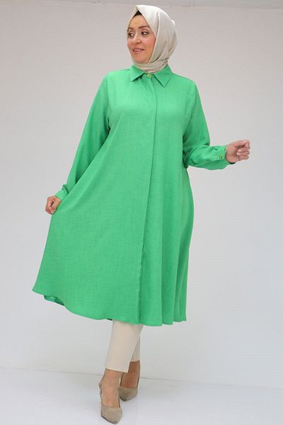 Eslina Green Large Size Linen Tunic Shirt - Airobin Mevlana Design 38038