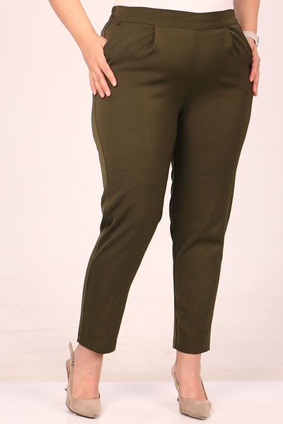 Eslina 49004 Plus Size Aspen Trousers - Elastic Waist and Pleat Detail - Khaki