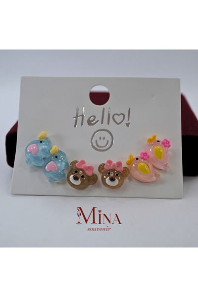 Mina Souvenir Children's - Adult Enamel Earrings 6 Pieces, Needle Parts Silver Colored, Figured Earrings