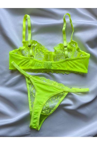 Fleur de Lingerie Women's Embroidered Neon Green Bralet Set (Bralet & Thong)