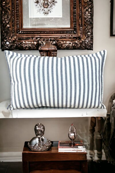 Chintar Modern Gri Çizgili Pamuklu Dekoratif 30x50 cm Tek Yastık / Kırlent Kı...