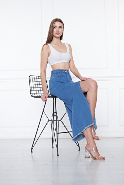 KAŞİHA Mavi Önden Derin Yırtmaçlı Püsküllü Cepli Yüksek Bel Pamuklu Kot Etek