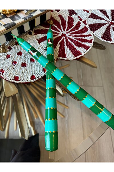 Hatice sakallı design 2 adet yeşil kuş desenli gold detaylı şamdan Mum