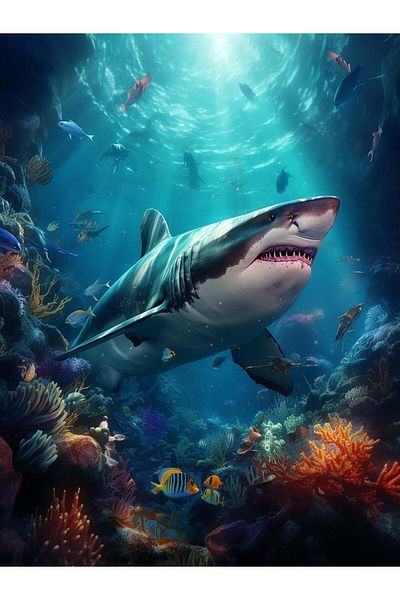 pixartsanat Shark Pixart Art Diamond Mosaic Painting Diamond Turkey 30X40