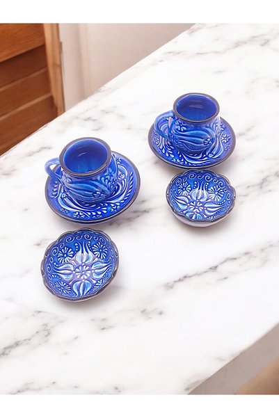 sharpart Sharp&Art 2-Person Blue and Green, Hand-Embroidered Embossed Patterned Coffee Cup and Turkish Delight Bowl