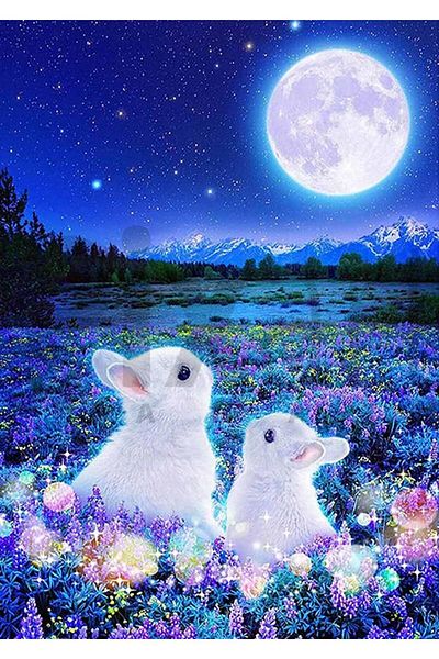 pixartsanat Moon Rabbit 30 x 40 cm PixArt Art Diamond Mosaic Painting Diamond Turkey