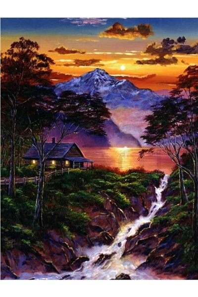 pixartsanat House in the Forest and the Stream 40x60 PixArt Art Diamond Mosaic Painting Diamond Turkey