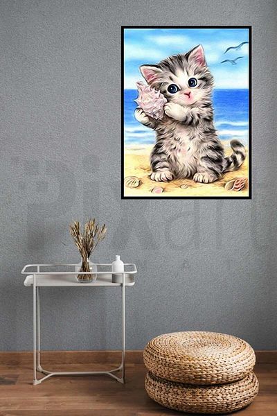 pixartsanat A Cat on the Sea 30 *40 Cm Pixart Art Diamond Mosaic Painting Diamond Turkey