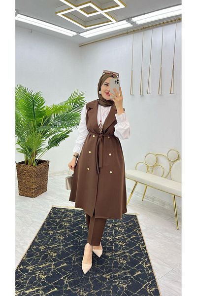 cool partyshop Women's Double Set Double Crepe Fabric Trousers and Long Vest