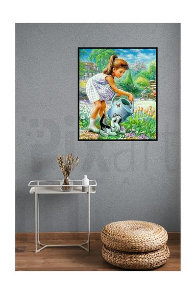 pixartsanat Little Girl Watering Flowers Pixart Art Diamond Mosaic Painting Diamond Turkey 50*58