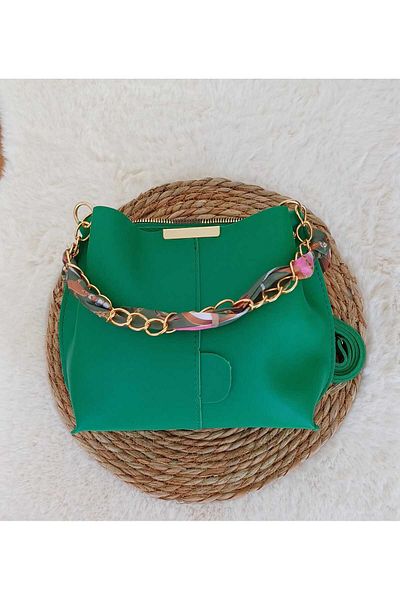 ugurlualisveris Women's Scarf and Chain Accessory Soft Leather 3 Compartment Hand and Shoulder Bag