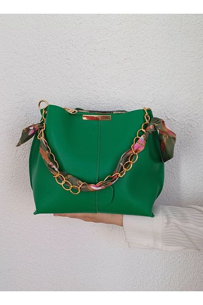 ugurlualisveris Women's Scarf and Chain Accessory Soft Leather 3 Compartment Hand and Shoulder Bag