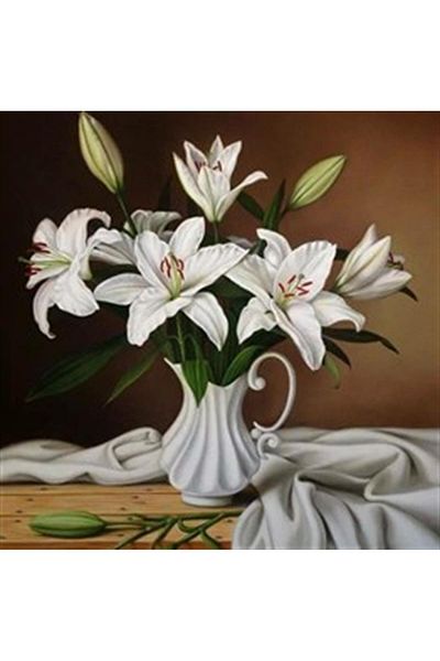 pixartsanat White Lilies Pixart Art Diamond Mosaic Painting Diamond Turkey 53*53