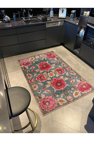 Rugs Modern Halı Paris Koleksiyonu Mavi Temalı Floral Pembe Çiçek Desenli Vin...