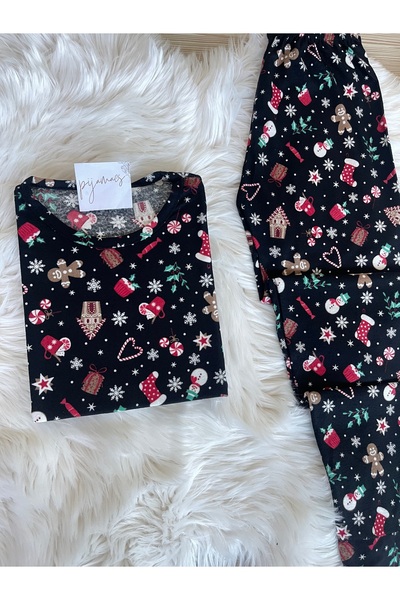 Pijamacs New Year's Patterned Suede Crew Neck Long Sleeve Pajama Set