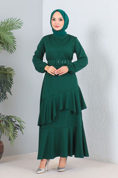MODAQU Emerald Green Flounce Belted Dress