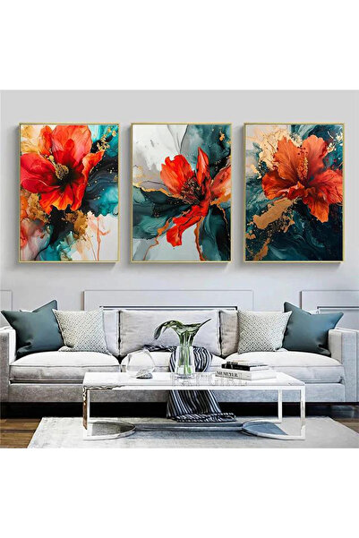 Linacci Üçlü Gold Metal Çerçeve Kırmızı Mavi Çiçekler Cam Tablo Seti