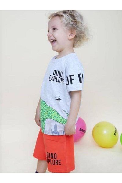 Zekids Boys' Cotton Dinosaur Patterned Shorts Set